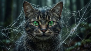 El Gato de Cheshire atrapado en una telaraña con ojos brillantes. — Gato de Cheshire Fondos de pantalla