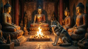 Una escena pacífica de Lobo meditando en el templo del Escultor.