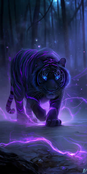 tigre, animal, felino, gran felino, oscuro, negro, púrpura, brillo, brillante, eléctrico, raya, ojo, azul, místico, magia, mágico, fantasía, bosque, noche, poder