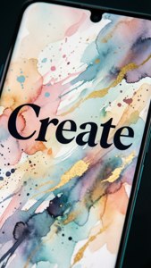 Fondo de pantalla Pixel 8 con tipografía 'Create' y salpicaduras de acuarela