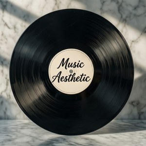 Disco de vinilo con texto 'Music Aesthetic' sobre mármol minimalista. — Estética musical Fondos de pantalla
