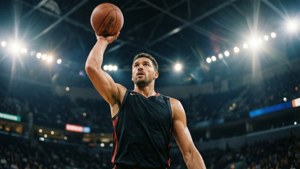 Tiro en salto desde ángulo bajo con destello de lente y expresión intensa del jugador. — Baloncesto Fondos de pantalla