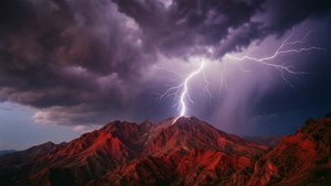 Tormenta eléctrica dramática con un rayo impactando la cima de una montaña roja