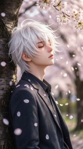 Un chico anime triste se recuesta contra un cerezo en flor, con pétalos cayendo a su alrededor.