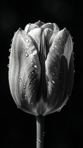 Tulipán en blanco y negro con gotas de lluvia, alto contraste, sombras dramáticas, minimalista.