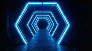 Una vista en perspectiva de un túnel hexagonal de neón azul, futurista y brillante. — Estética azul neón Fondos de pantalla