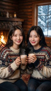TWICE con suéteres acogedores de invierno, nieve y la cálida luz del fuego. — Twice Fondos de pantalla