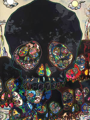 Arte de calavera con diseños coloridos dentro de los ojos y la nariz.