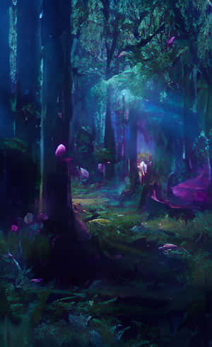 un bosque con muchos árboles y muchas luces púrpuras — Galaxy Tab A9+ Fondos de pantalla