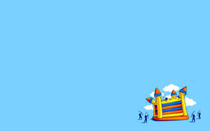 Lindo castillo minimalista multicolor de dibujos animados sobre un fondo azul cielo liso.