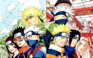 Minato con su equipo y Kakashi con su equipo, Naruto, Sasuke y Sakura.