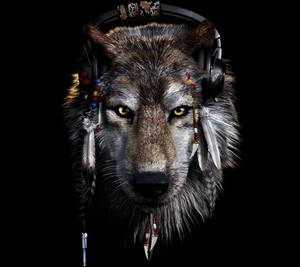 Lobo de mirada afilada, hocico de pelaje espeso y accesorios indios sobre un fondo negro.