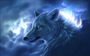 Arte digital de lobo fantástico con detalles finos sobre un fondo azul con estrellas y nubes.