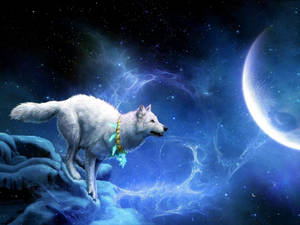 Lobo blanco fantástico con collar mágico listo para saltar a la luna sobre un fondo azul soñador estrellado.