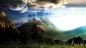 Fondo de pantalla de edición de fantasía de naturaleza escénica con dos lunas grandes. — 1600x900 Fondos de pantalla