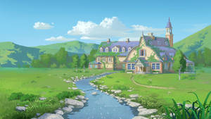 Fondo de pantalla de casa junto al arroyo con paisaje de colinas verdes montañosas estilo caricatura. — iMac Fondos de pantalla