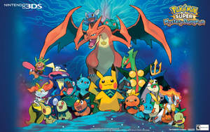 Pokémon Pikachu, Bulbasaur, Ivysaur, Charmeleon, Charizard y Squirtle junto con otros Pokémon en el mundo misterioso.