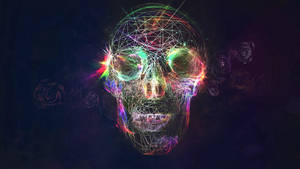 Calavera con luces coloridas y patrón geométrico.