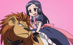 Fondo de pantalla de chica anime feliz montando un león marrón serio