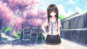 Chica anime en uniforme escolar sexy con árboles de cerezo rosa fondo de pantalla