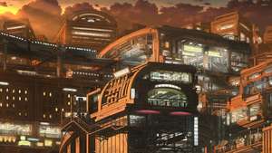 Fondo de pantalla de una ciudad asiática futurista de anime con edificios comerciales.