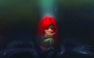 Fondo de pantalla de escritorio de una niña sirena leyendo con cabello rojo esponjoso.