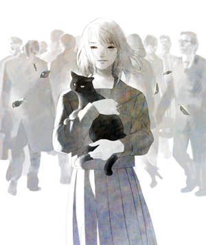 Fondo de pantalla animado de mujer gris con un gato negro y fondo de silueta — Galaxy Z Fold Fondos de pantalla