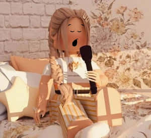 Una muñeca está sentada en una cama con un micrófono