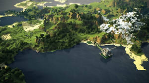 Fondo de pantalla de bioma de bosque verde con lago en Minecraft