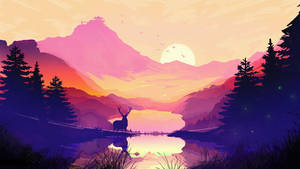 Fondo de pantalla minimalista con ciervo en montaña y lago
