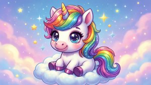 Mágico unicornio kawaii sentado sobre una nube esponjosa. — Kawaii Fondos de pantalla