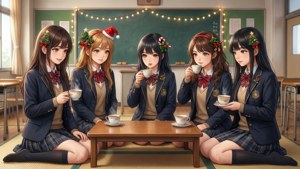 Chicas de escuela anime disfrutando de un kotatsu navideño en el salón de clases