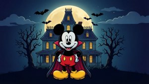 Mickey Mouse como vampiro en estilo vectorial plano con mansión embrujada.