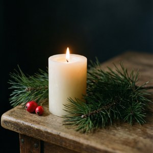 Naturaleza muerta rústica con una vela y ramas de pino. — Navideño aesthetic Fondos de pantalla