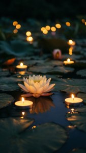 Un tranquilo estanque de lotos con velas flotantes en la noche, cálidos reflejos dorados.