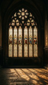Luz solar a través de una ventana de vitral en un salón gótico.
