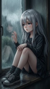 Una chica anime triste sentada en el alféizar de una ventana, mirando la lluvia, con la mano tocando el vidrio. — iPhone 8 Fondos de pantalla