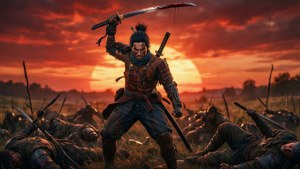 Fondo de pantalla de Sekiro triunfante se yergue sobre enemigos caídos al atardecer