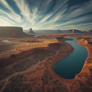 desierto, cañón, río, paisaje, vista aérea, río serpenteante, arenisca, formación rocosa, suroeste de EE. UU., naturaleza, escénico, valle, cielo dramático, nubes, roca roja, geología, erosión, viajes, turismo, naturaleza salvaje