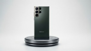 S24 Ultra en una toma de estudio sobre un pedestal, fondo blanco limpio.