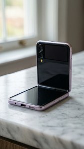 Z Flip 5 minimalista sobre mármol con iluminación pastel suave