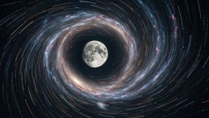 Una luna surrealista en el centro de un vórtice galáctico con estelas de luz. — Galaxia luna Fondos de pantalla