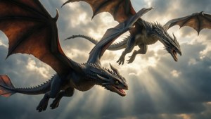 Tres dragones vuelan majestuosamente entre las nubes
