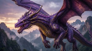 Escena épica de fantasía de un dragón púrpura volando sobre montañas. — Morado Fondos de pantalla