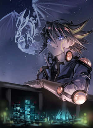 Yusei Fudo posando con confianza con su Duel Runner al fondo — Kindle Fondos de pantalla