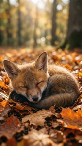 Fondo de pantalla de Zorro bebé durmiendo entre hojas de otoño para un fondo de pantalla cálido y tierno.