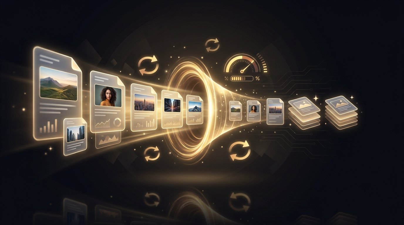 Archivos de imagen fluyendo a través de un embudo de conversión y saliendo más pequeños — conversión y compresión de archivos ilustrada